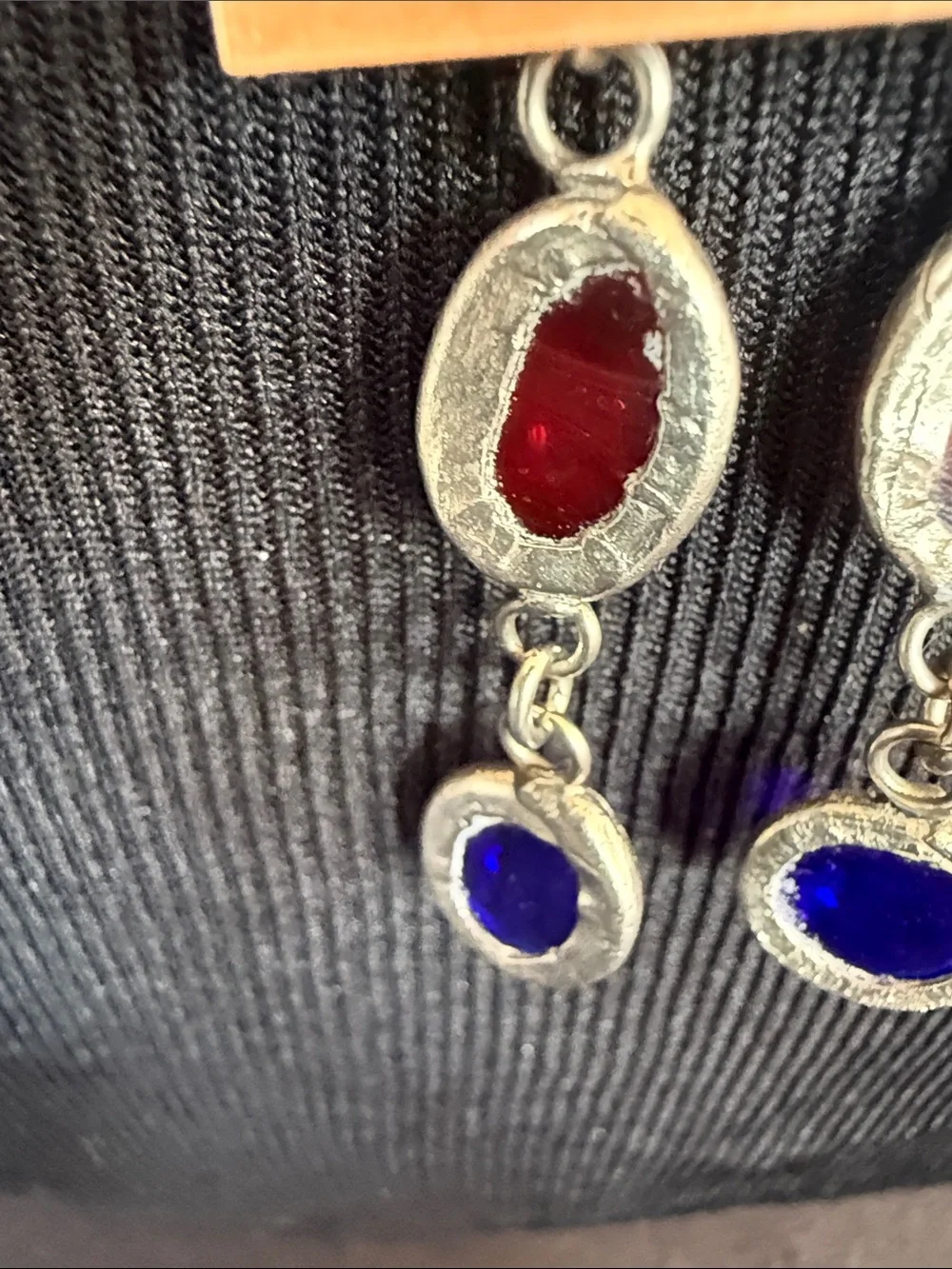 Vintage silver plated Red and Blue Glass Drop Earrings handcrafted.